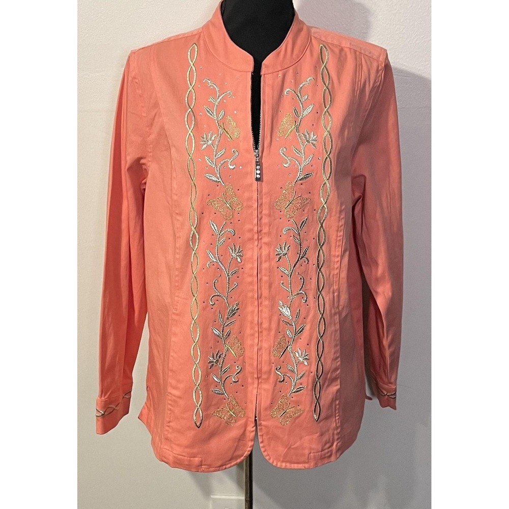 Quacker Factory Jacket Womens Medium Pink Embroidered Butterfly Floral Full Zip